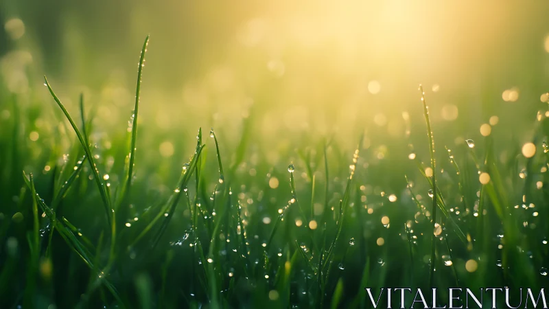 Morning dew pearls on grass under soft golden sunrise glow.