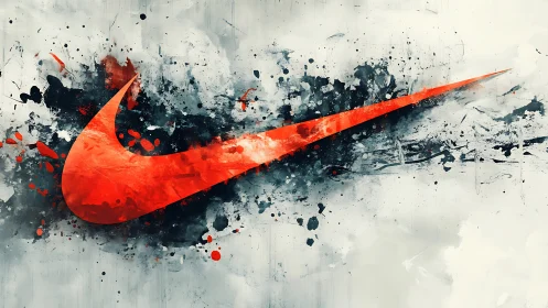 Dynamic red swoosh over turbulent ink-splatter field.