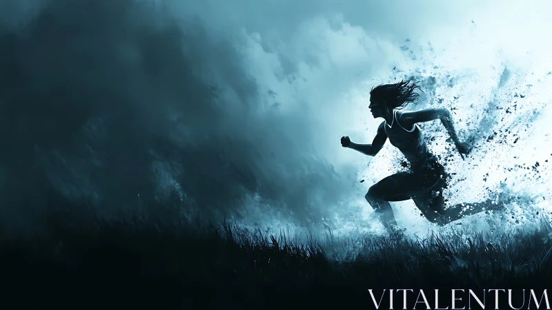 Dynamic female runner dissolving into textured motion field.