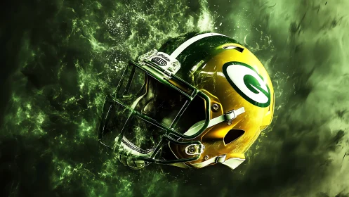 Green and gold football helmet in explosive green energy