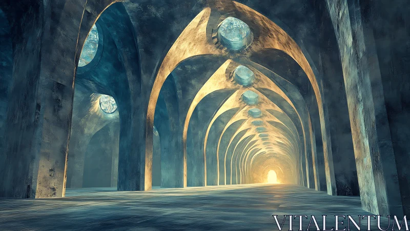 Vast luminous archway tunnel leads toward distant golden portal