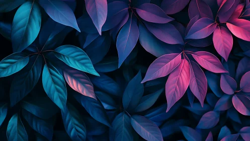 Vibrant blue and magenta leaves in close-up pattern