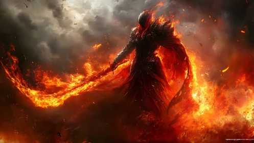 Infernal armored wraith with flaming blade in eruptive firestorm