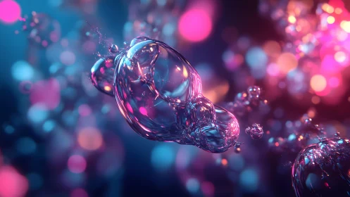 Iridescent soap bubbles floating in vibrant bokeh lighting, digital art.