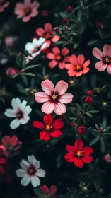 Cosmos flowers in varying red, pink and white tones with selective focus