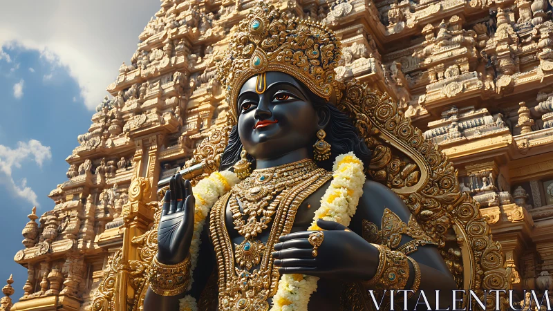 Monumental Krishna statue stands before ornate golden temple gopuram