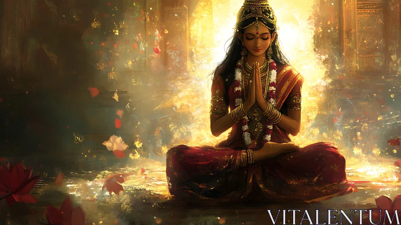 Golden serenity of a meditating woman in drifting lotus light.