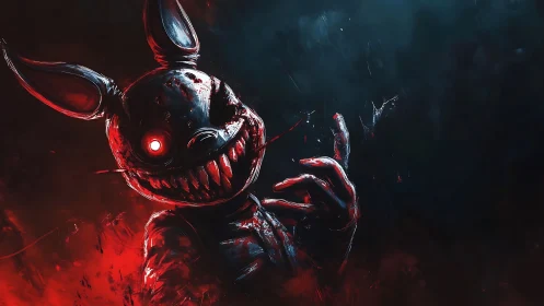Demon rabbit grins in bloodlit void of crimson shadowed dread.