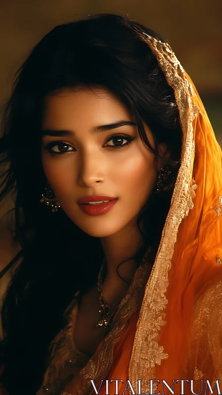 Portrait shows woman in orange embroidered veil with soft lighting