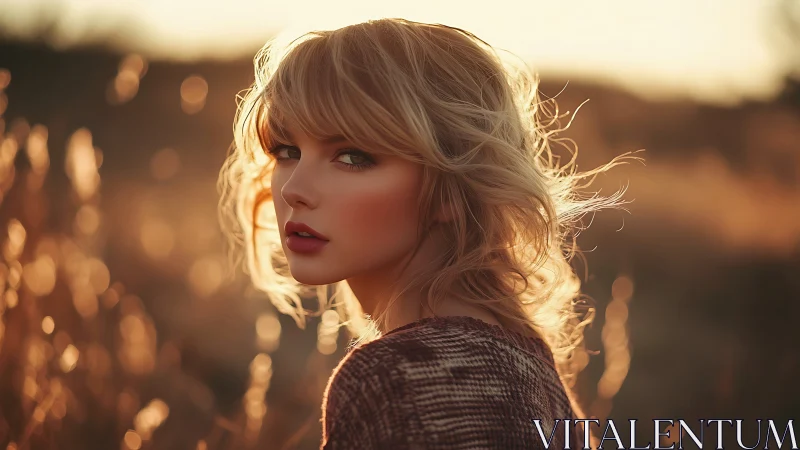 Blonde woman looks back in warm sunset field lighting