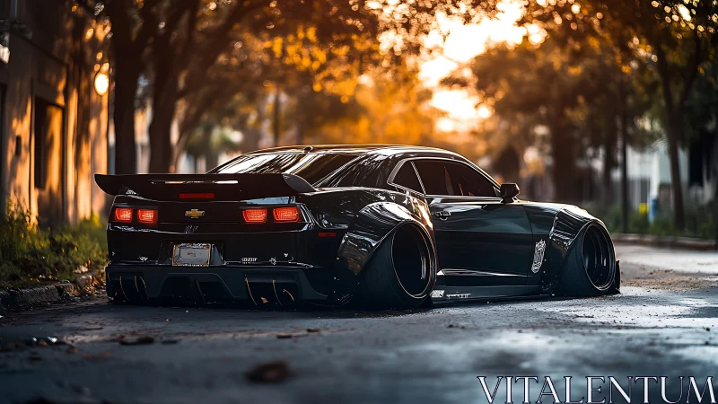 Widebody Chevrolet Camaro at golden hour on urban side street