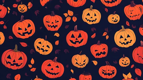 Jack-o-lantern vector pattern with autumn foliage on navy background.