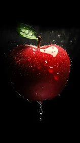 Red apple with water droplets on black background.