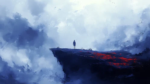Solitary dreamer on a misty cliff of fire and sky.