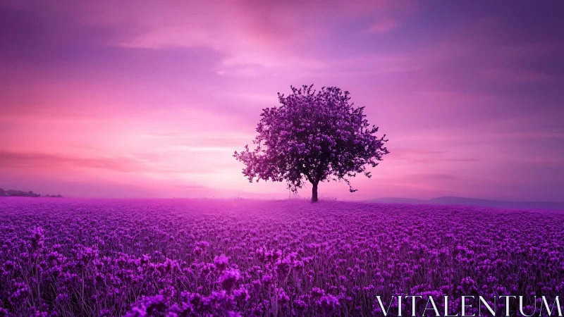 Solitary blossom tree in radiant violet dusk meadow.