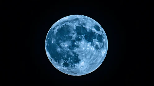 Full moon rendered in cool blue tones on black sky.