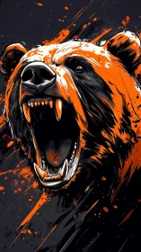 Roaring bear portrait with vivid orange splatter energy.