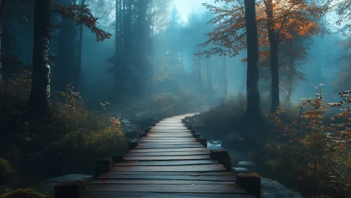 Wooden Boardwalk Through Misty Autumn Forest Path