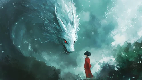 Quiet meeting with a storm-bright dragon spirit at dusk.