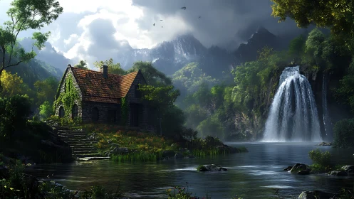 Mountain lake cottage framed by waterfall and atmospheric light