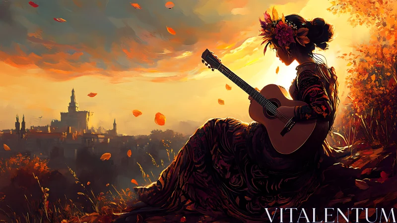 Sunset ballad of the autumn guitarist above a dreaming city.