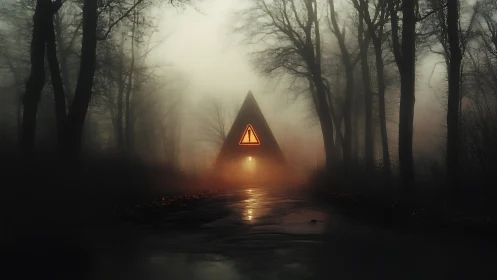 Fog-draped forest road stalks a lone glowing triangle cabin.