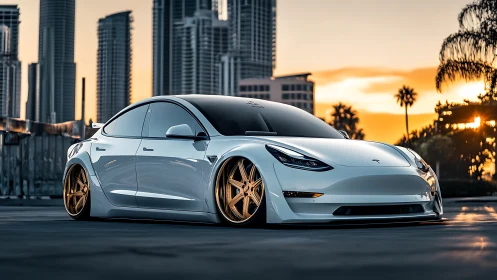Lowered white Tesla sedan with gold wheels at urban sunset.
