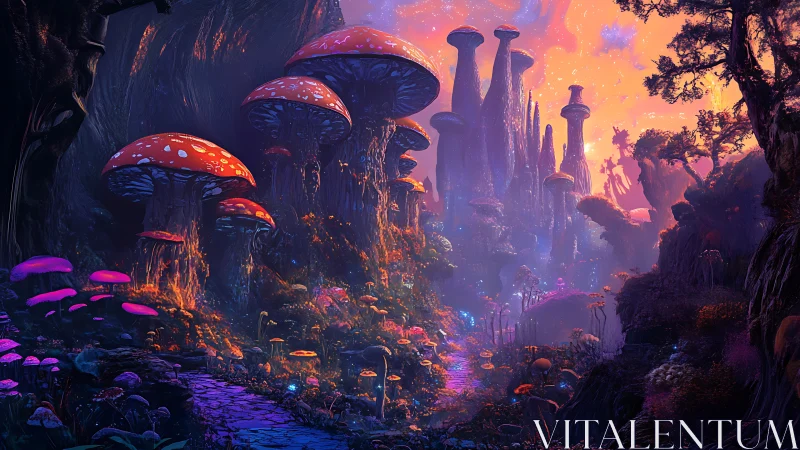 Large bioluminescent fungi line a winding alien forest path