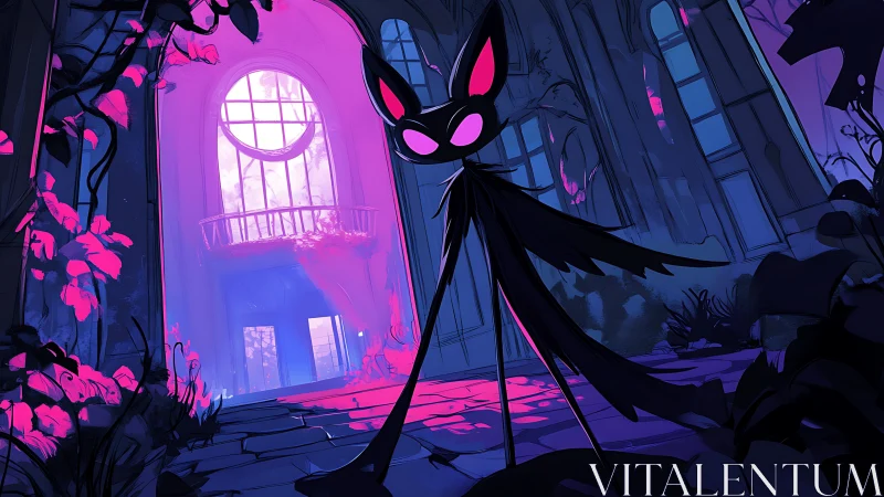 Elongated shadow figure stands in neon lit ruined hall