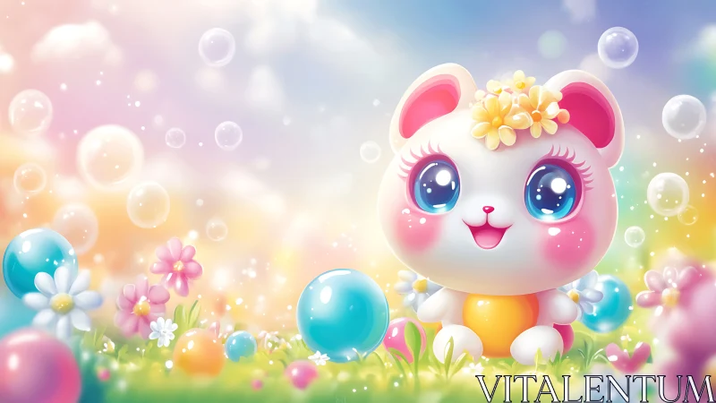 Pastel cartoon critter in bright bubble flower meadow.