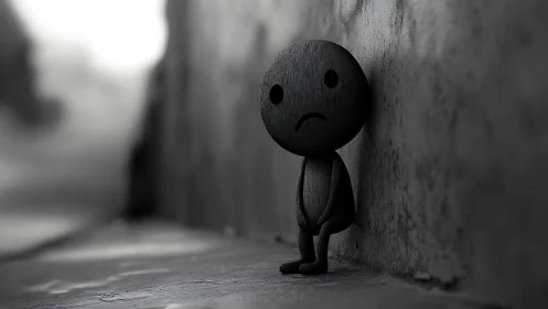 Monochrome 3D character against blurred alley wall composition.