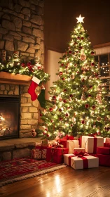 Glowing Christmas tree beside stone fireplace with gifts below.