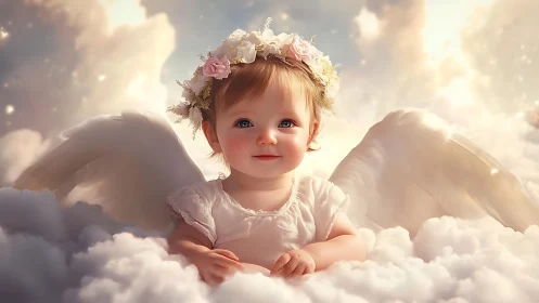 Gentle baby angel resting in soft, storybook clouds.
