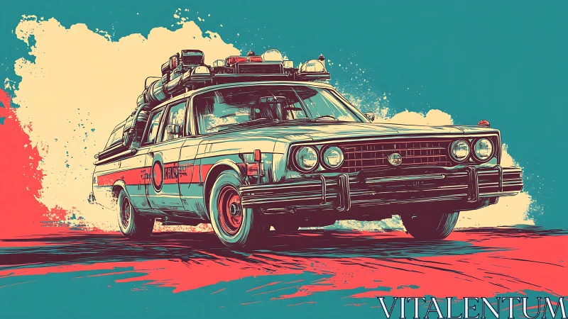 Retro sci fi patrol car roars across bold neon streets