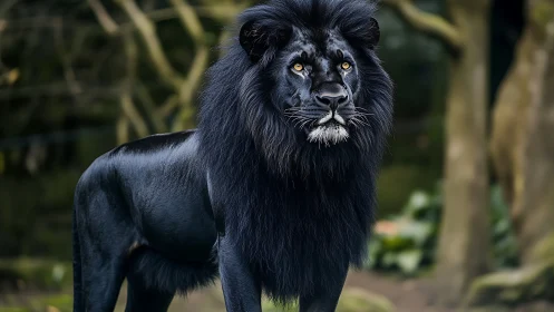 Black-coated lion stands in forested habitat and observes