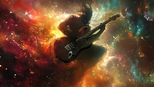 Silhouetted guitarist emerging from vivid cosmic nebula.