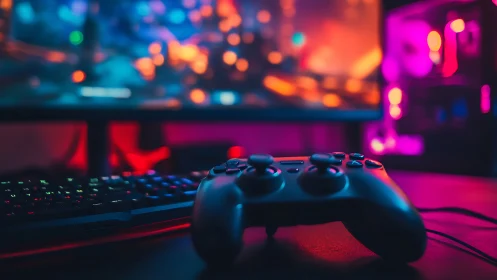 Cozy gaming controller glowing in neon rainbow lights.