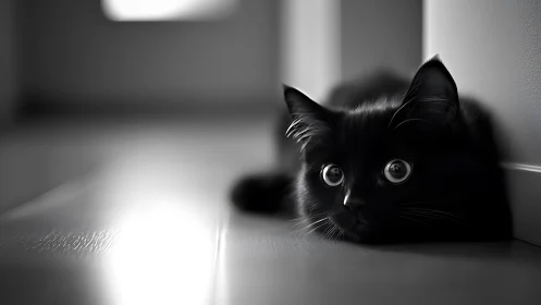 Black cat with wide eyes on floor, black and white study.