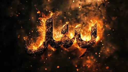 Fiery golden script blazes with sparks in a dark night