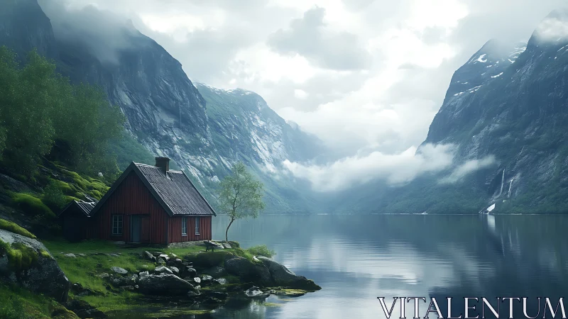 Red cabin by misty fjord with steep mountains and calm lake.