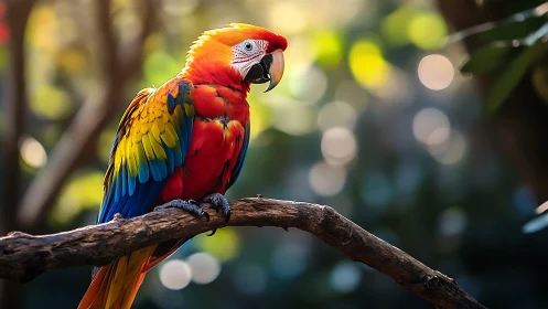 Vibrant Scarlet Macaw on Branch in Sunlit Tropical Forest, Realistic Style.