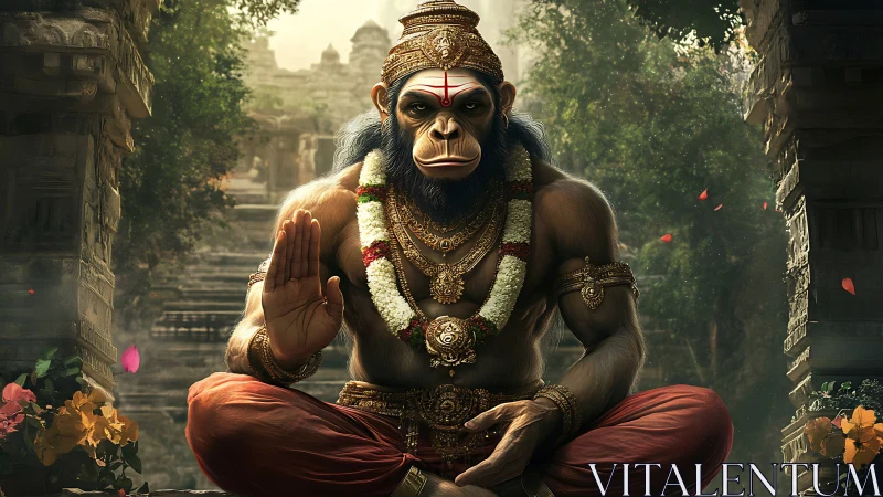 Divine monkey warrior in meditative temple setting.