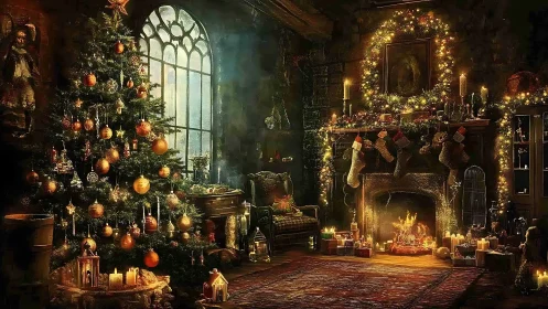 Digital painting of ornate Christmas hearth and tree interior.