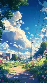 Sunlit suburban lane blooms beneath towering summer clouds.