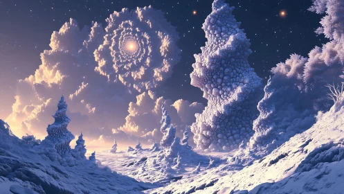 Fractal ice spires rise under a spiral nebula sky at dusk