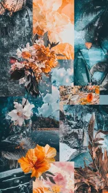 Layered Floral Collage with Teal and Orange Color Blocking Dominance