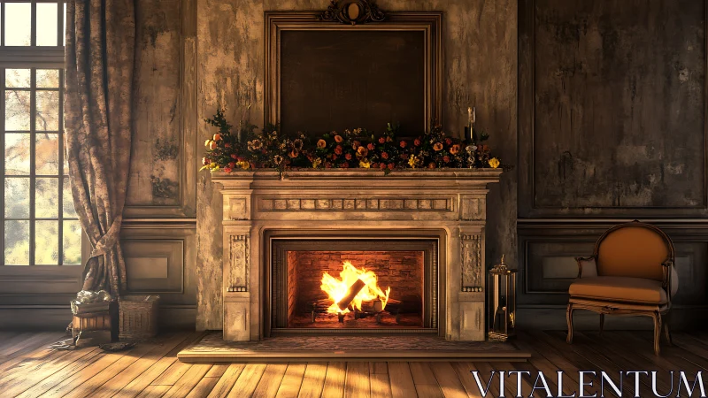 Golden firelit mantel in a softly glowing vintage room.