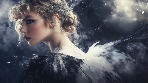 Luminous winged portrait with high-contrast celestial lighting.