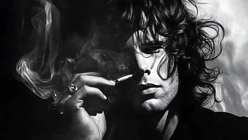 Moody black and white portrait of smoker in rising smoke.
