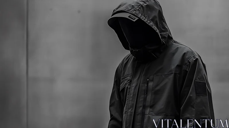 Shadowed hooded figure in sleek urban streetwear jacket.
